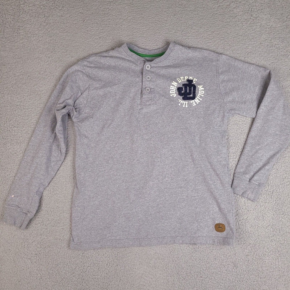 John Deere T-Shirt Mens Medium Gray Long Sleeve Henley Cotton Logo